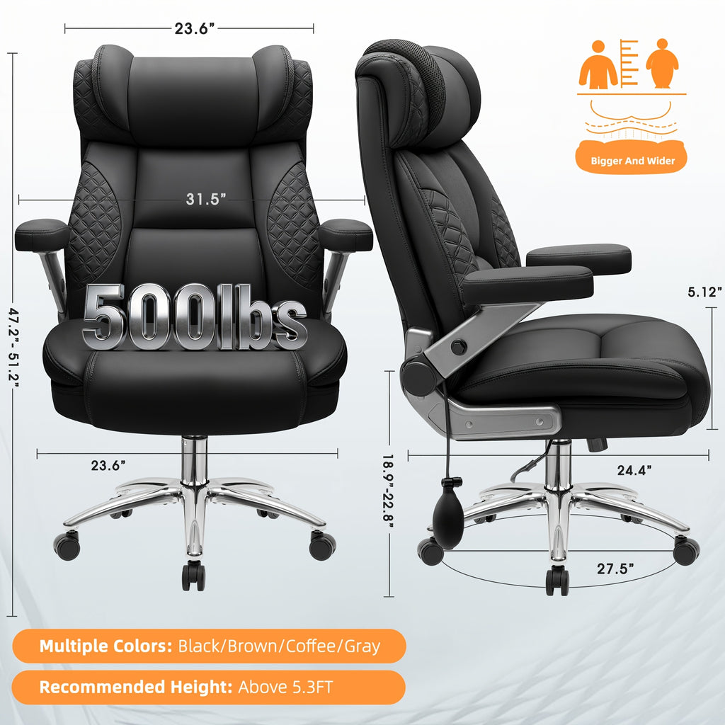 KERDOM Big Tall Ergonomic Office Chair with Air-Pumb Lumbar Support, 500lbs Capacity Executive Desk Chair for Heavy People, Manager Boss Wide Seat Computer Chair, PU Leather High Back Gaming Chair with 5D Adjustable Flip Armrests, Recline Function