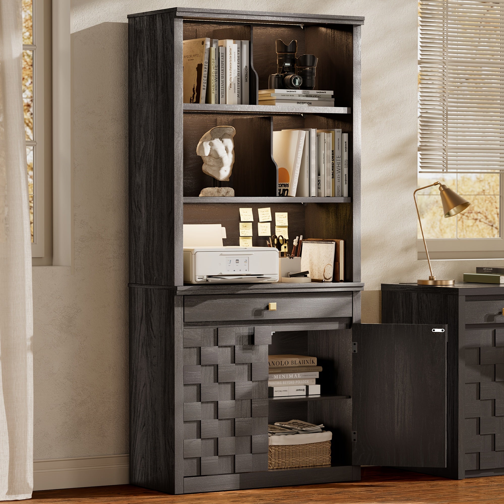 6-Tier Modern Bookshelf with Storage Cabinet, 72 Tall Bookcase with Drawer And Doors, Free Standing Display Cabinet for Home Office, Living Room, Standing Shelf