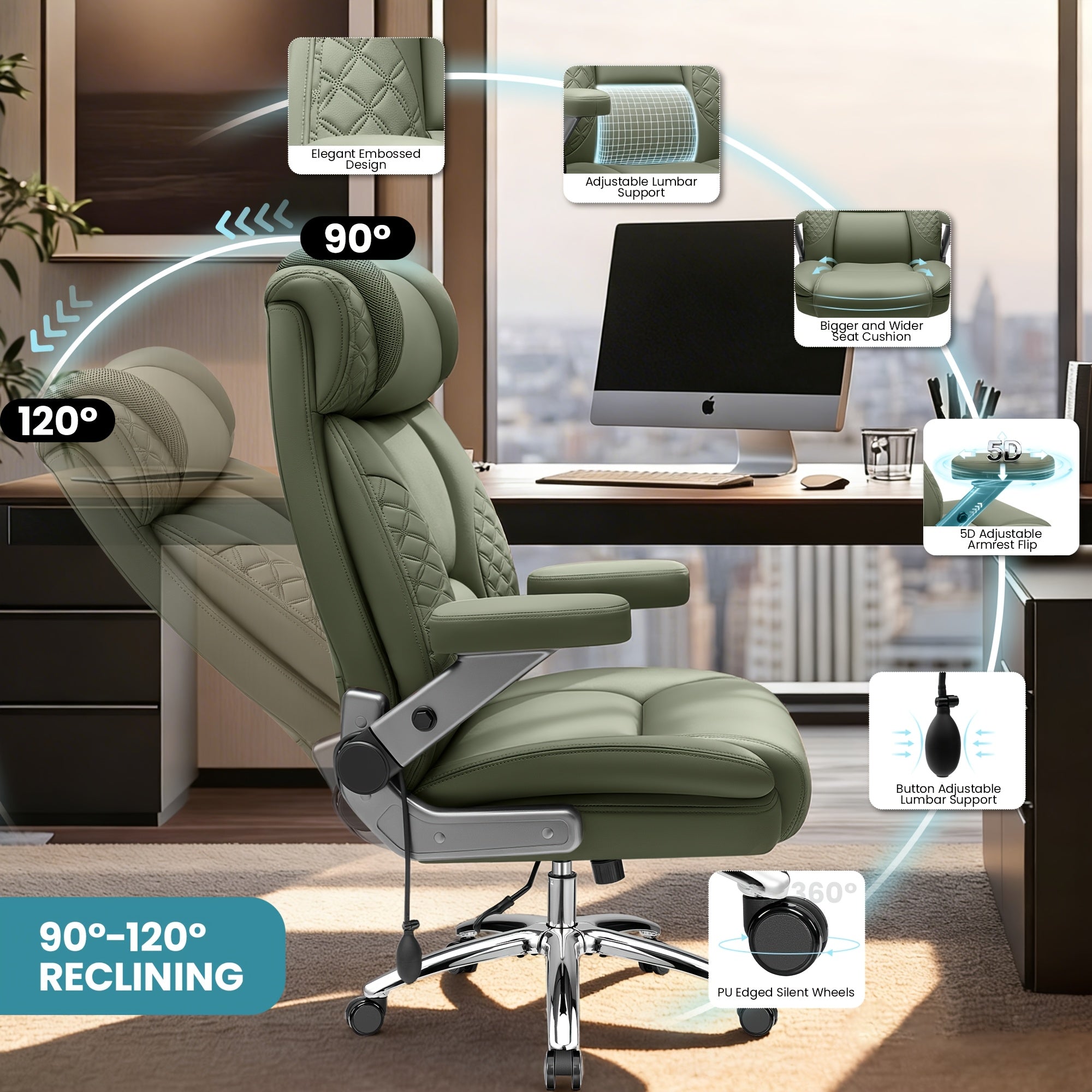 KERDOM Big Tall Ergonomic Office Chair with Air-Pumb Lumbar Support, 500lbs Capacity Executive Desk Chair for Heavy People, Manager Boss Wide Seat Computer Chair, PU Leather High Back Gaming Chair with 5D Adjustable Flip Armrests, Recline Function