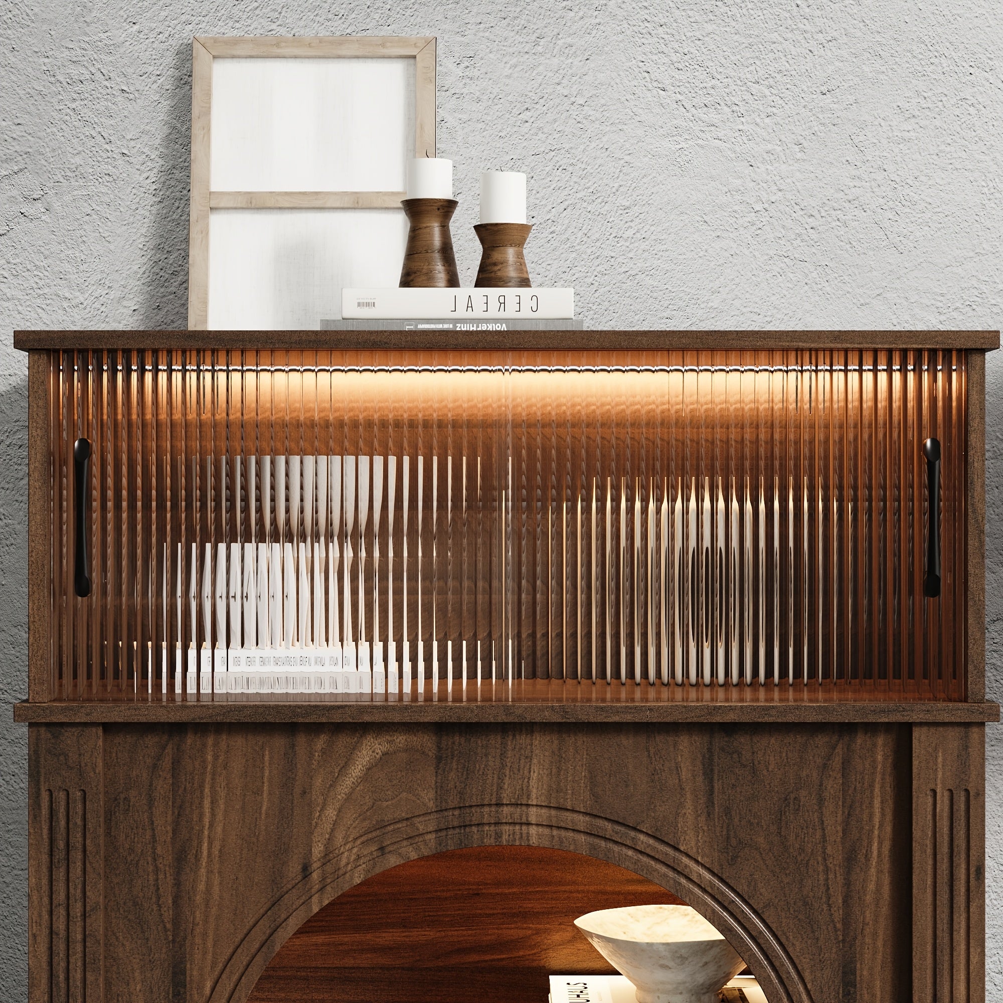 Contemporary Storage Unit Featuring Two Shelves And One Compartment, a Display Cabinet with a Glass Door, a Bookshelf with Sleek Handles, Suitable for The Living Room, Office, And Entryway, Stylishly Designed in Brown