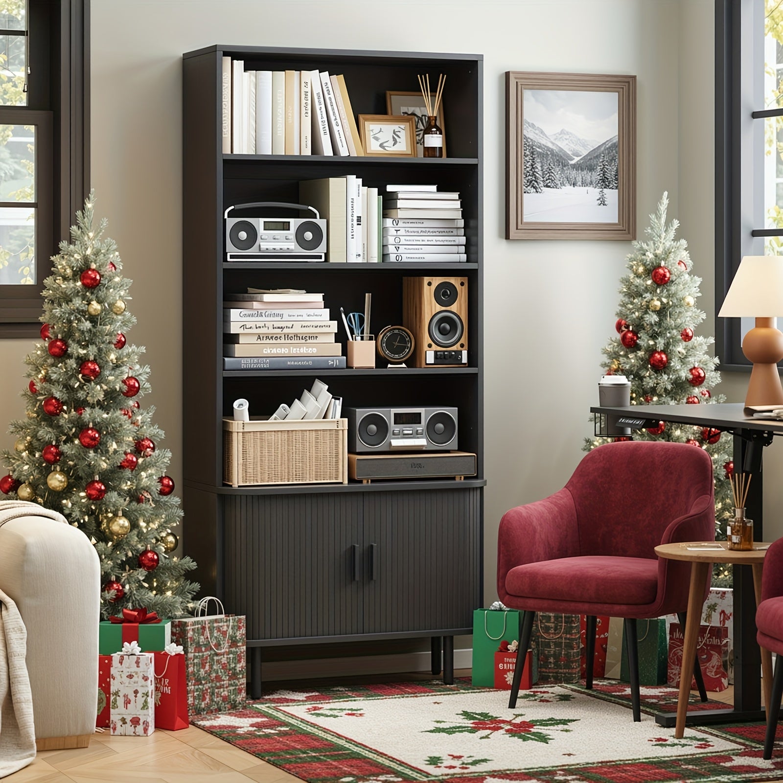 71 Inch Bookcase 4 Shelves Bookcase With Storage Cabinets And Adjustable Storage Shelves With Sliding Doors And Adjustable Feet For Home Office, Living Room Walnut