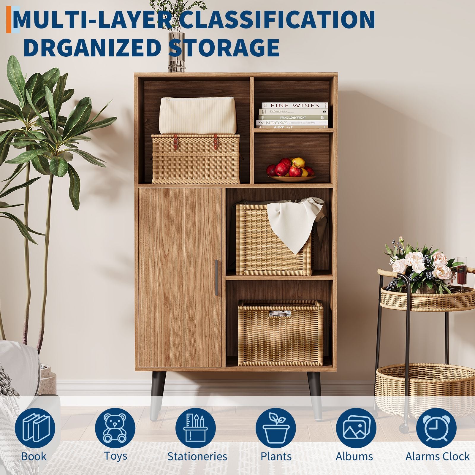 4-Tier Mid-Century Modern Walnut Wood Storage Cabinet with Doors & Legs - Freestanding Bookshelf Organizer Suitable for Living Room, Bedroom, Entryway, Home Office - Walnut Cube Shelf, Durable Furniture for Housewarming Gifts for Women & Men