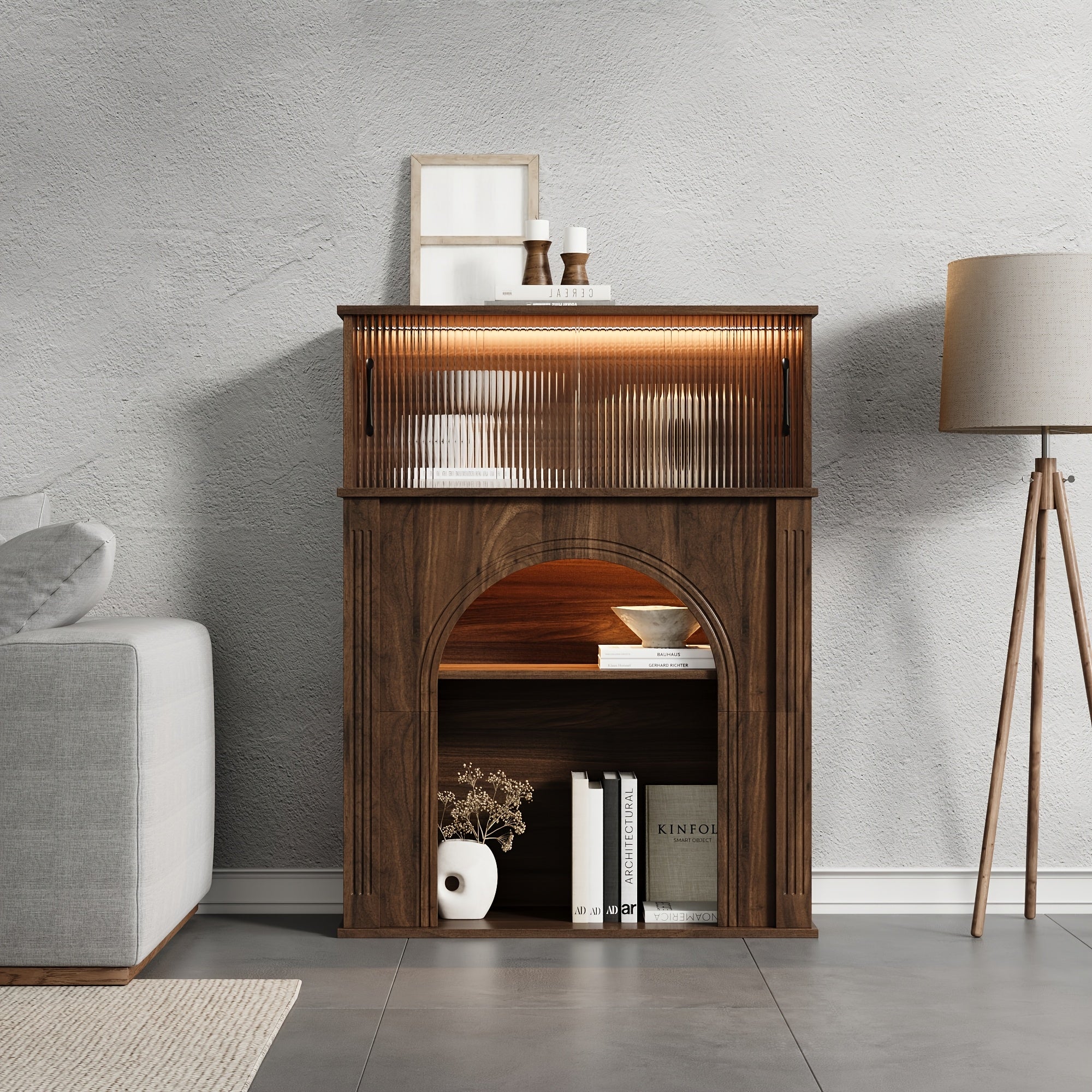 Contemporary Storage Unit Featuring Two Shelves And One Compartment, a Display Cabinet with a Glass Door, a Bookshelf with Sleek Handles, Suitable for The Living Room, Office, And Entryway, Stylishly Designed in Brown