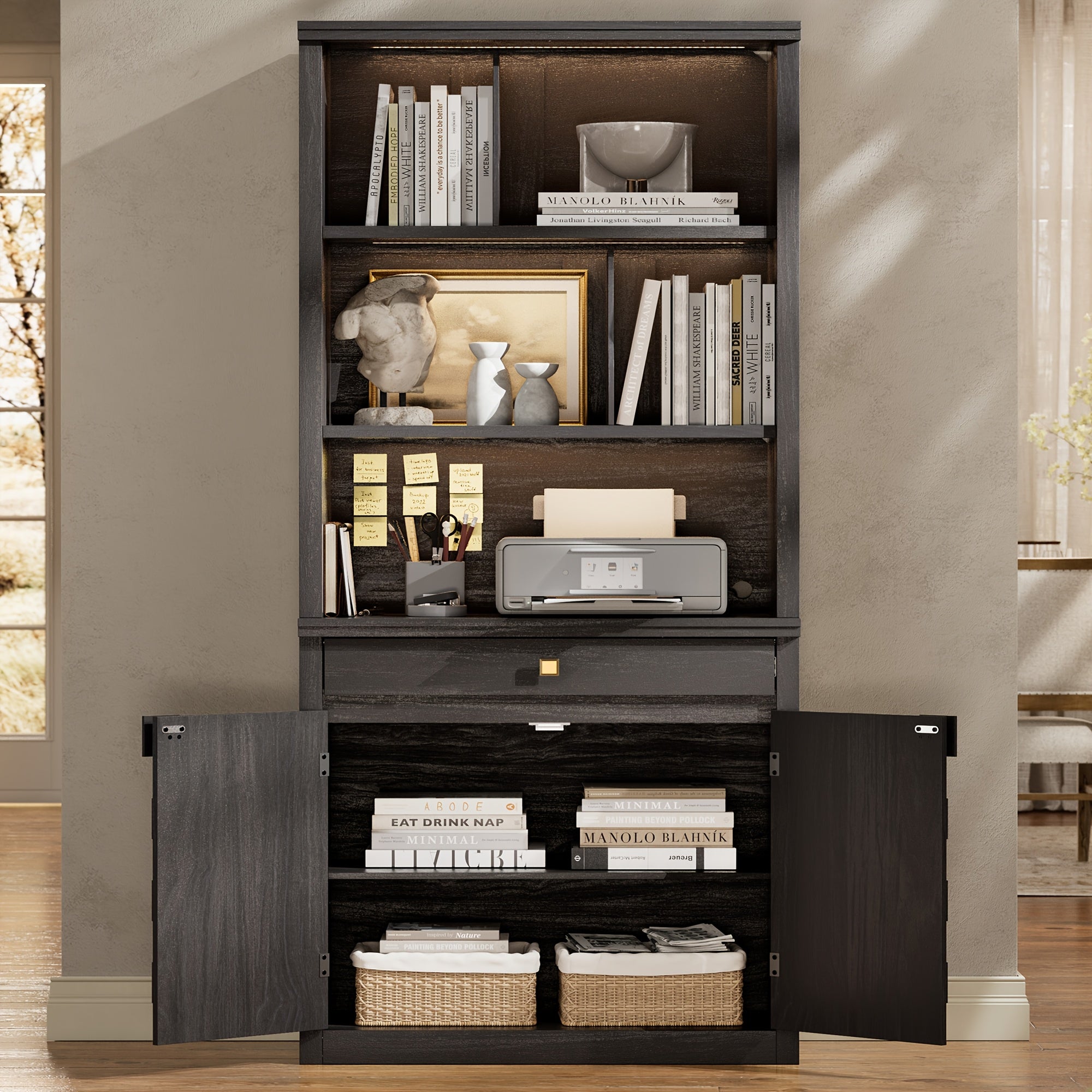 6-Tier Modern Bookshelf with Storage Cabinet, 72 Tall Bookcase with Drawer And Doors, Free Standing Display Cabinet for Home Office, Living Room, Standing Shelf