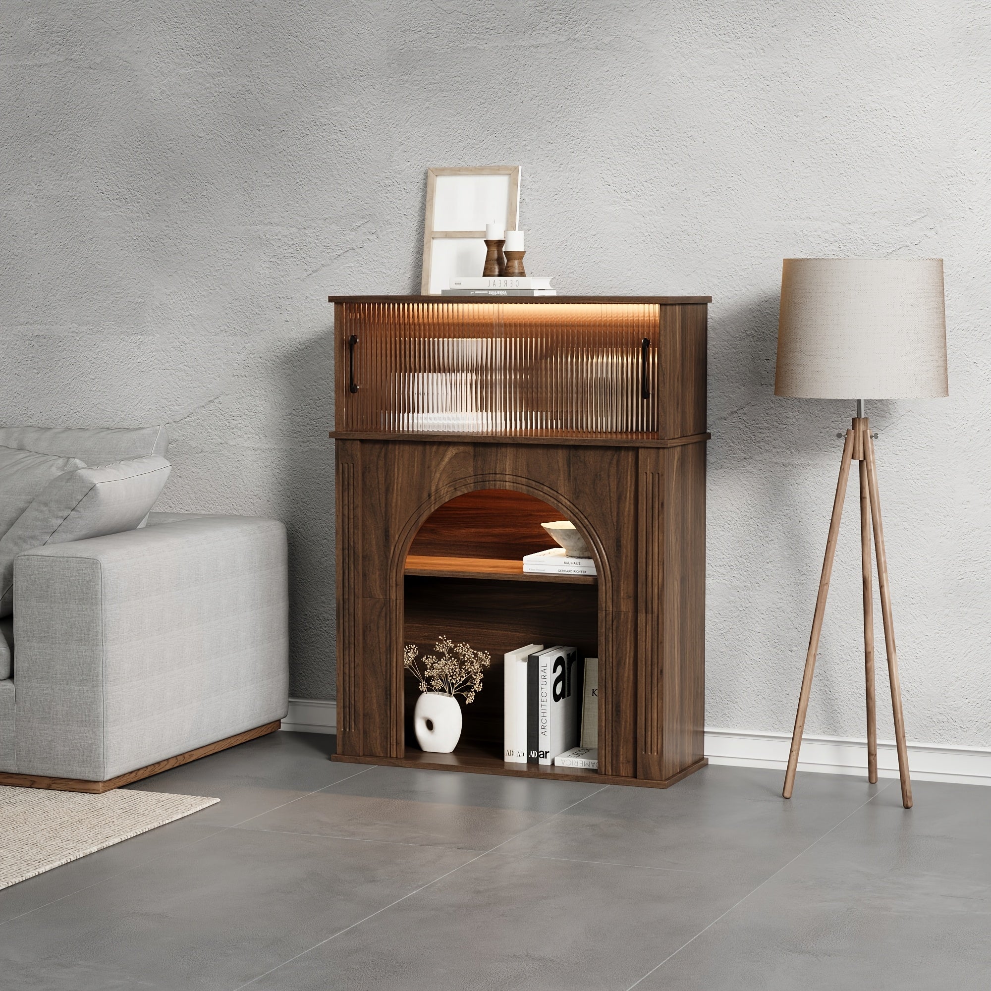 Contemporary Storage Unit Featuring Two Shelves And One Compartment, a Display Cabinet with a Glass Door, a Bookshelf with Sleek Handles, Suitable for The Living Room, Office, And Entryway, Stylishly Designed in Brown