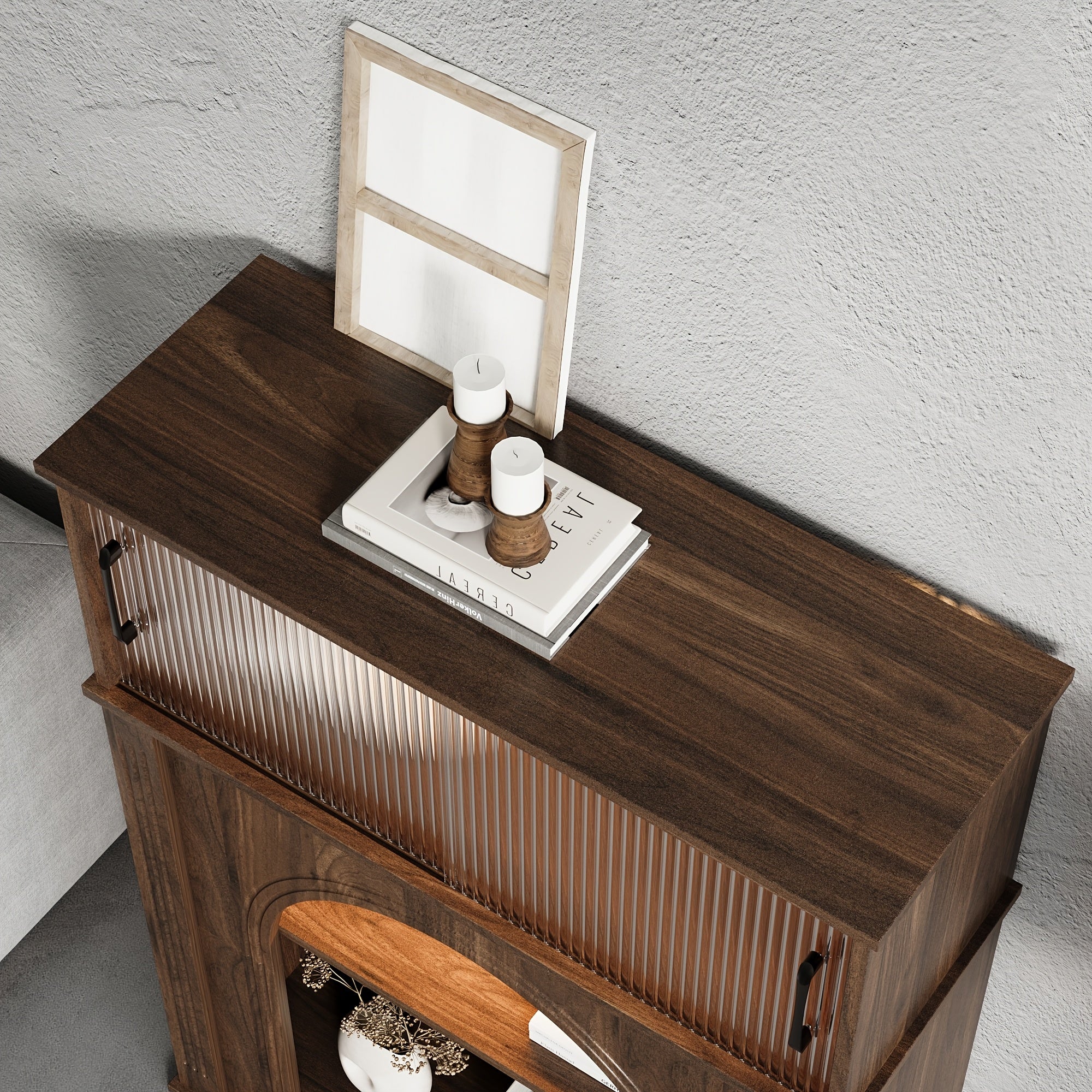 Contemporary Storage Unit Featuring Two Shelves And One Compartment, a Display Cabinet with a Glass Door, a Bookshelf with Sleek Handles, Suitable for The Living Room, Office, And Entryway, Stylishly Designed in Brown