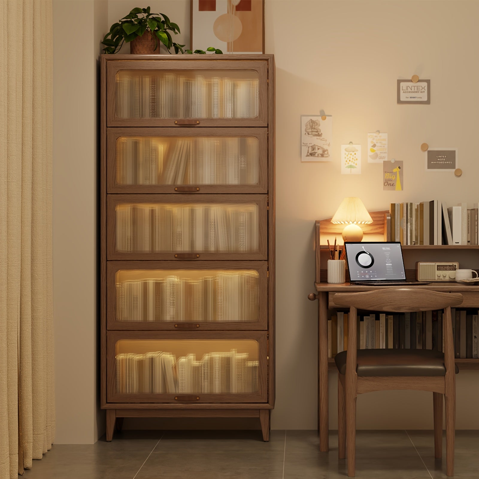 : Solid Wood Bookshelf with Glass Doors, Floor-Standing Storage Shelf, Wall-Mounted Narrow Cabinet with Extra Large Capacity, Bedside Bookcase with Storage Space, Christmas Gift, Black Friday Product