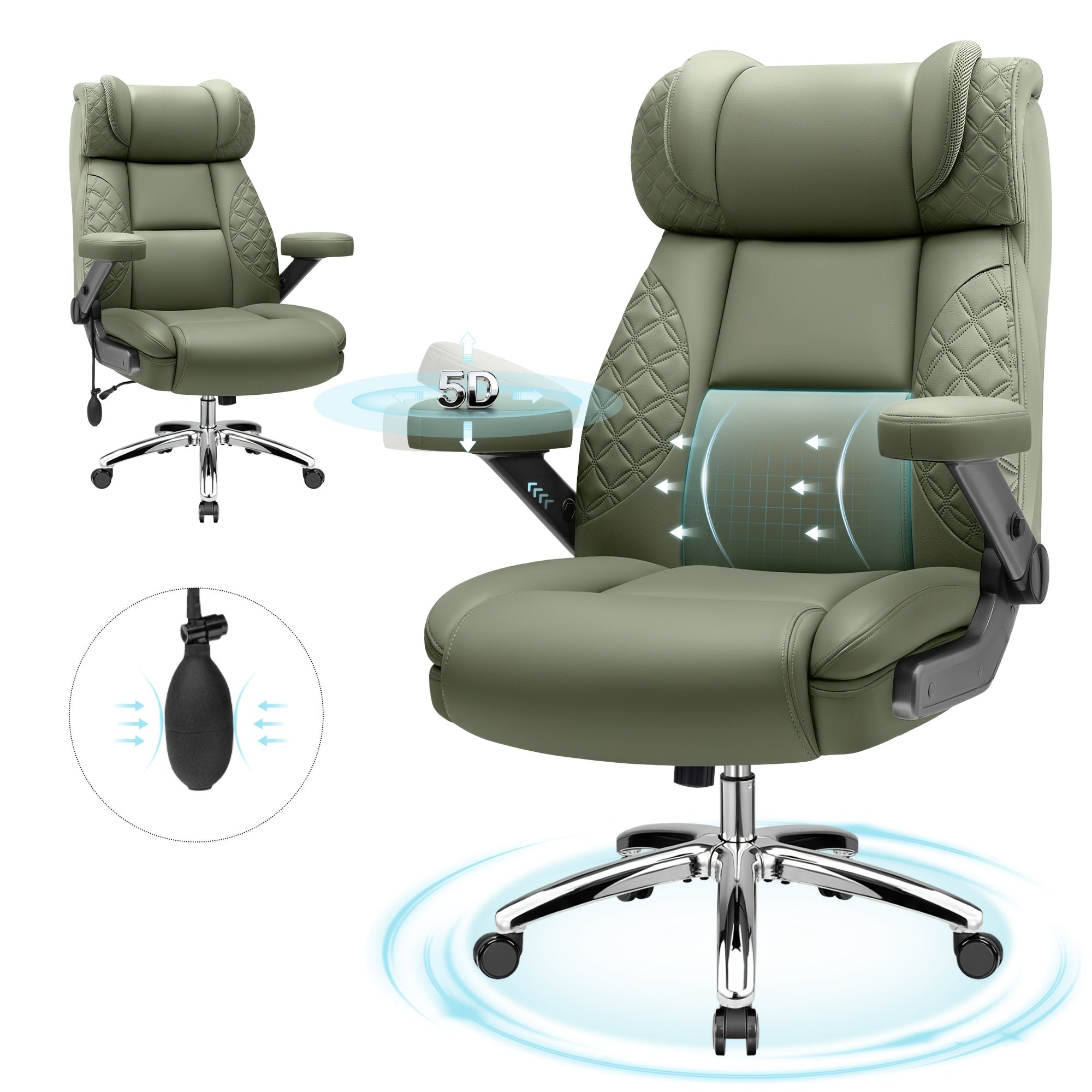 KERDOM Big Tall Ergonomic Office Chair with Air-Pumb Lumbar Support, 500lbs Capacity Executive Desk Chair for Heavy People, Manager Boss Wide Seat Computer Chair, PU Leather High Back Gaming Chair with 5D Adjustable Flip Armrests, Recline Function