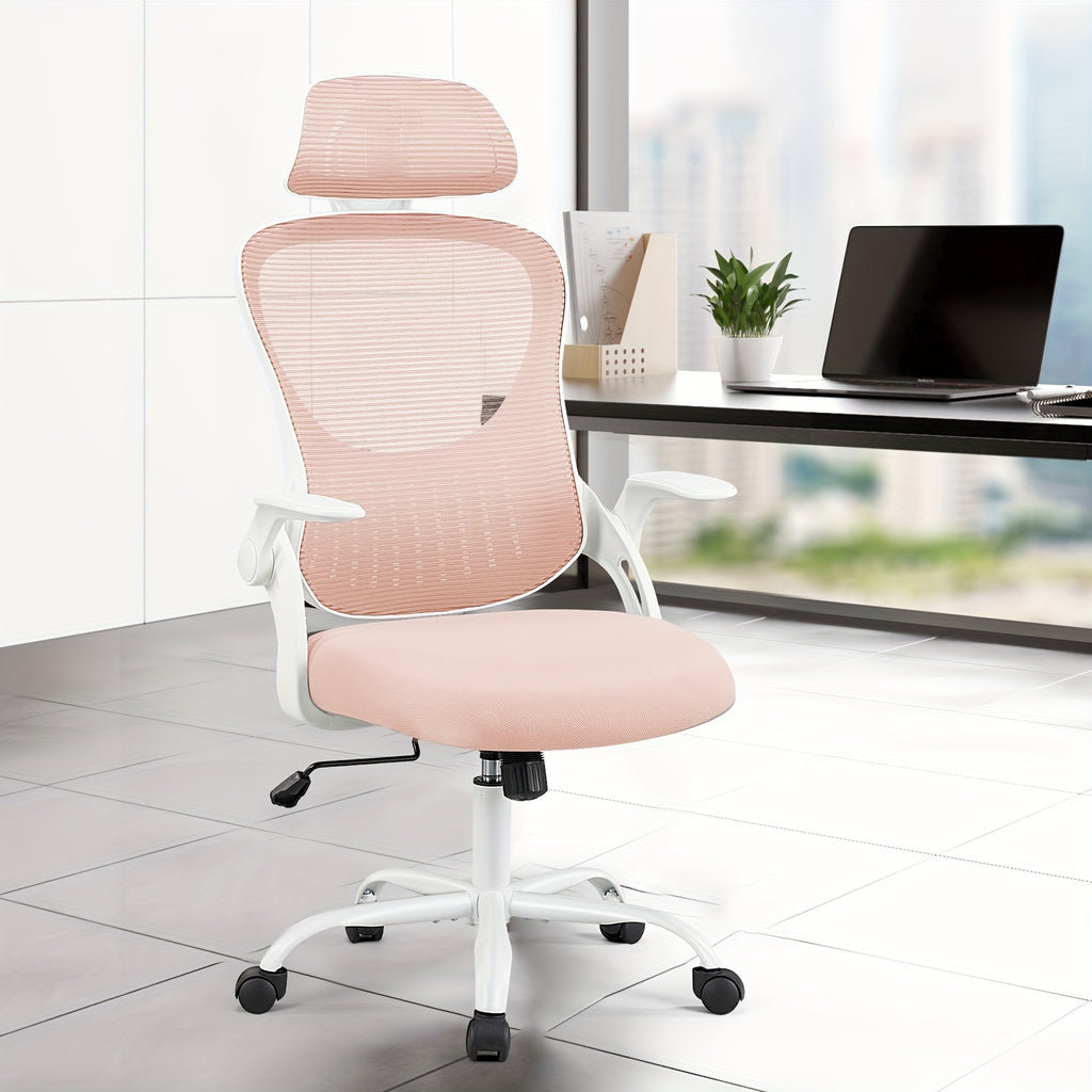 Home Office Desk Chair, Ergonomic High-Back Mesh Rolling Work Computer Chairs with Wheels and Adjustable Headrests, Comfortable Lumbar Support, Comfy Flip-up Arms for Bedroom, Study