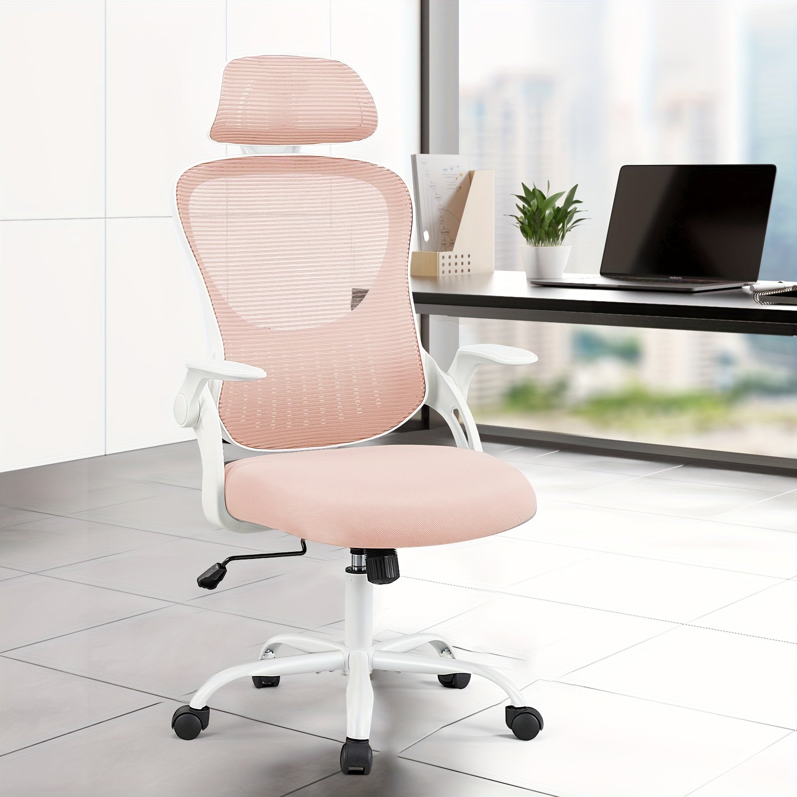 Home Office Desk Chair, Ergonomic High-Back Mesh Rolling Work Computer Chairs with Wheels and Adjustable Headrests, Comfortable Lumbar Support, Comfy Flip-up Arms for Bedroom, Study