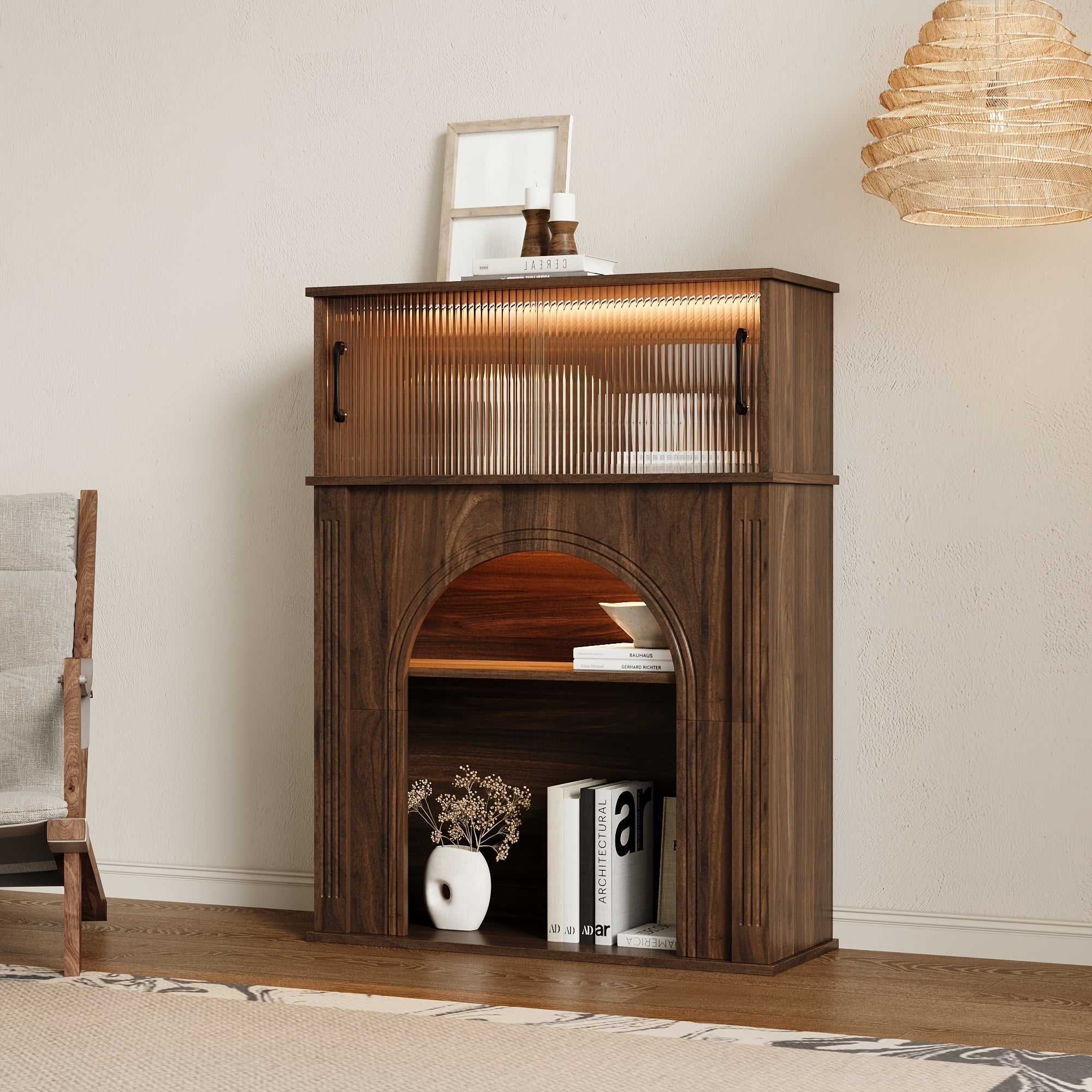 Contemporary Storage Unit Featuring Two Shelves And One Compartment, a Display Cabinet with a Glass Door, a Bookshelf with Sleek Handles, Suitable for The Living Room, Office, And Entryway, Stylishly Designed in Brown